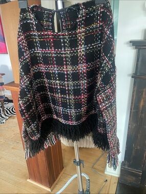 Zara Black Plaid Fringe Knit Poncho with Multi Yarn Accents